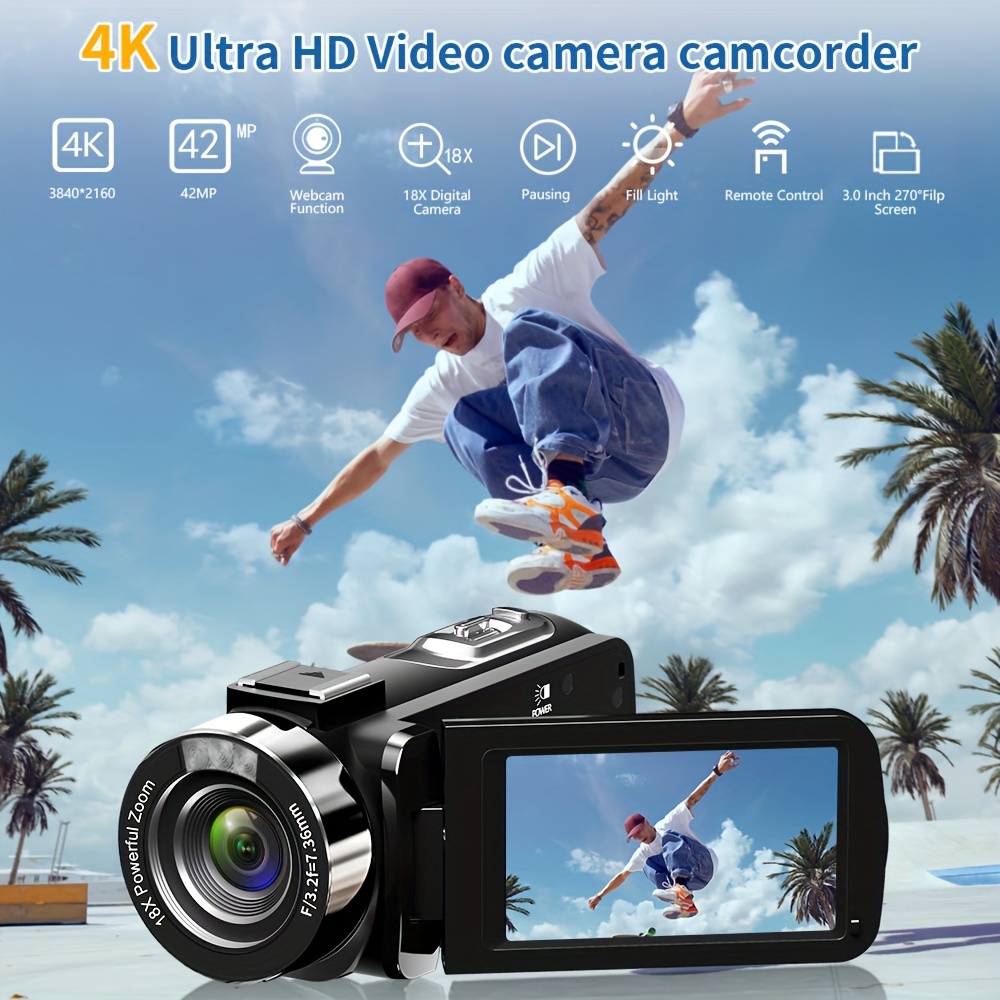 Videocámara Cámara de Video, Cámara Vlogging 4K y 42MP, Cámara Vlog UHD  30FPS, Videocámara con Zoom Digital 18X con Pantalla Abatible de 3.0  Pulgadas