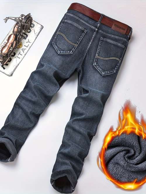 mens warm fleece jeans for business casual street style denim pants with pockets for fall winter