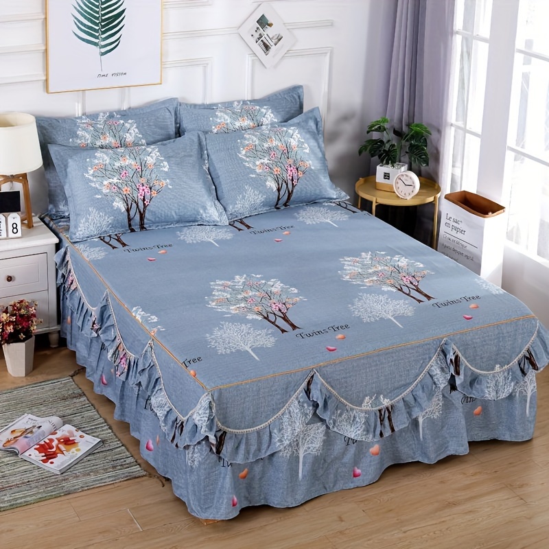 

3pcs Cherry Bed Skirt Set - Soft & Comfortable Polyester, Design - Machine Washable With Lace Trim & Heart Accents - Includes 1 Blue Bed Skirt And 2 Pillowcases For Bedroom &