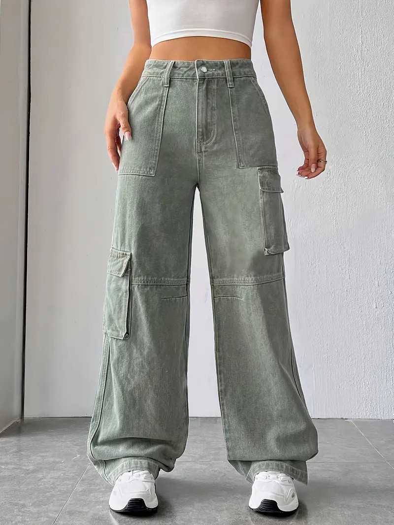 Green Flap Pockets Baggy Jeans, High Waist Non-Stretch Y2K & Kpop Style  Cargo Pants, Women's Denim Jeans & Clothing