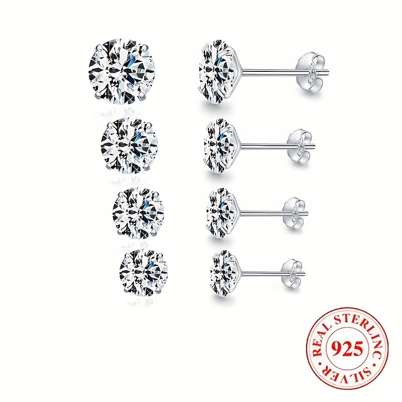 

S925 Sterling Silver Hypoallergenic Super Flash Zircon Stud Earrings Simple Classic Versatile Earrings 4 Sizes For Chosing