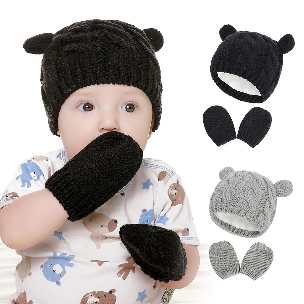 Hats & Caps, Newborn Baby 3 Piece Blue Knit Hat Set with Pom Poms