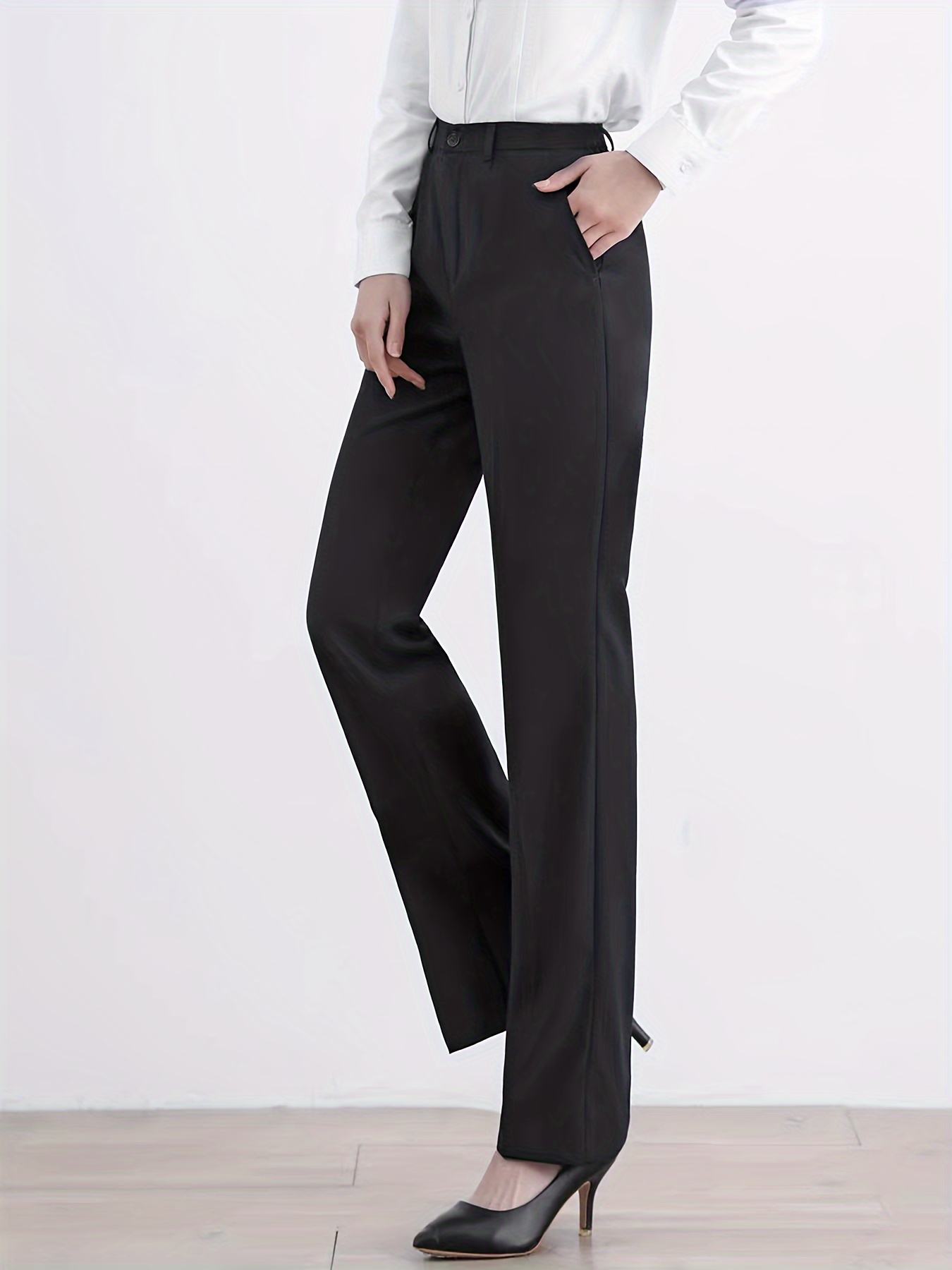 Slant Pockets Straight Leg Pants Casual Button Solid Color - Temu