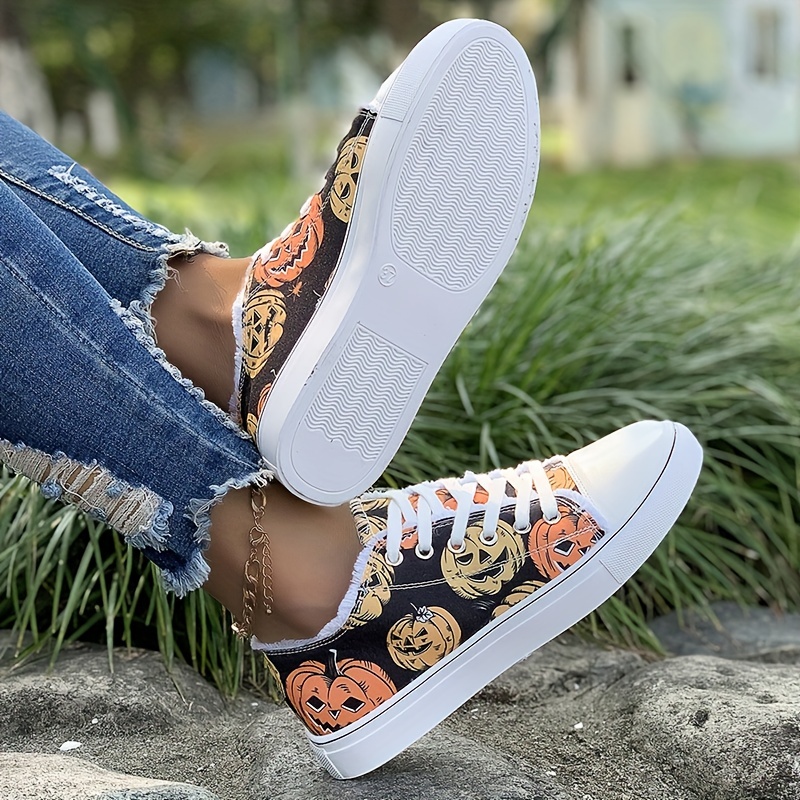 Women's Pumpkin Pattern Canvas Sneakers Trim Lace Low - Temu