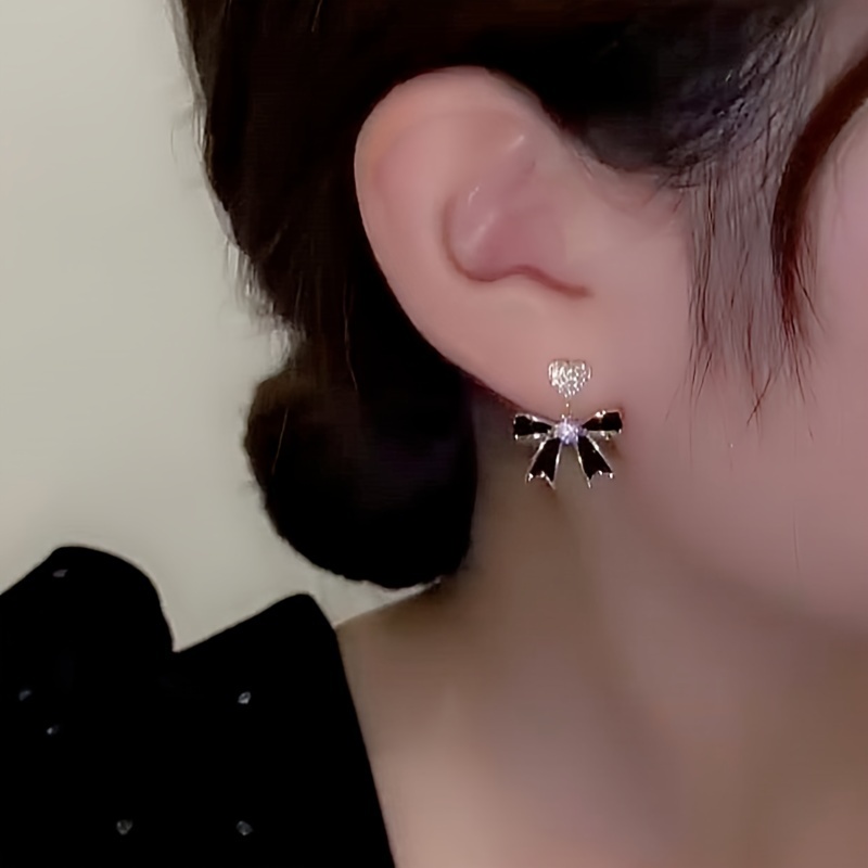 Heart & Bow Stud Earrings with Rhinestones Drop