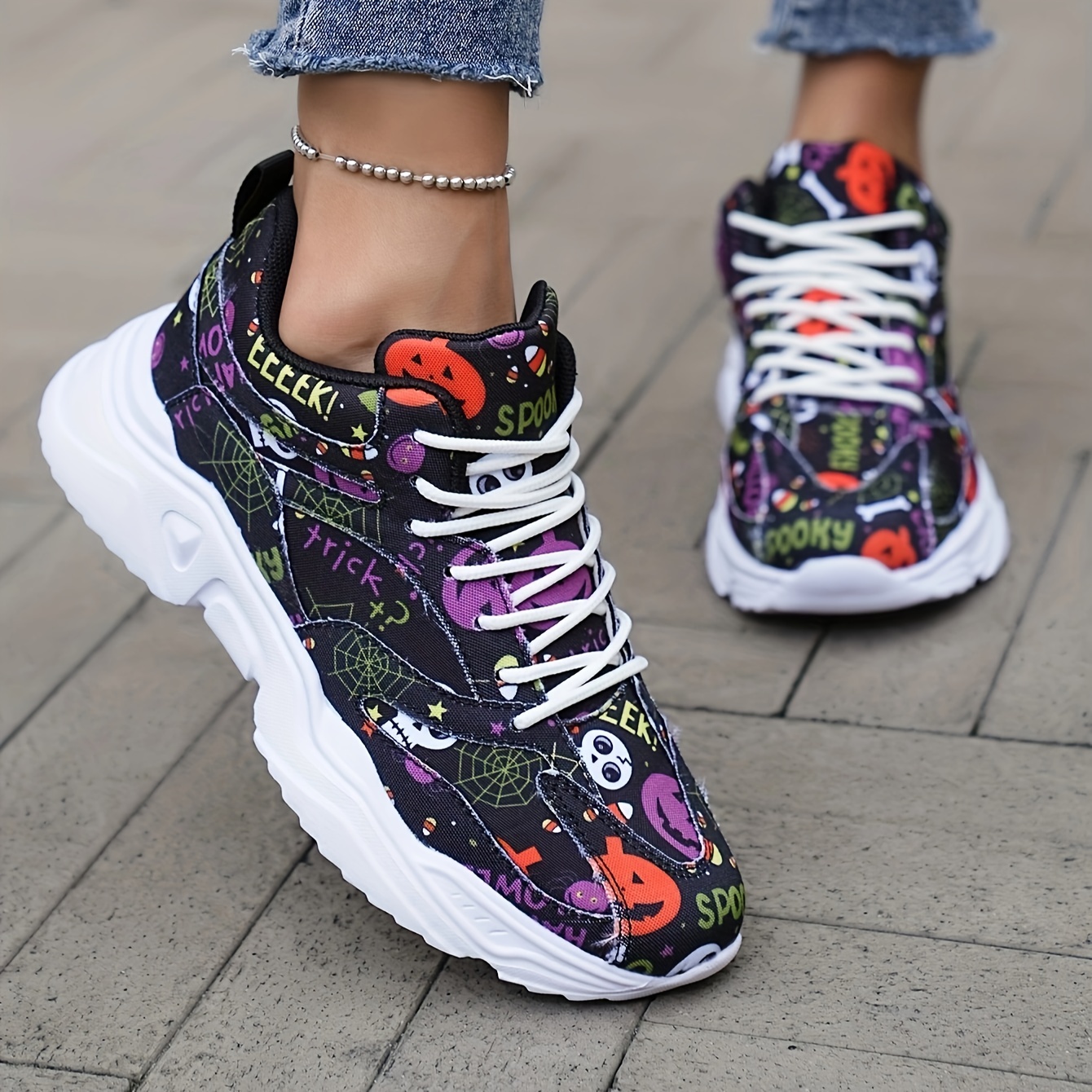 Zapatillas de deporte de Halloween con estampado de murciélagos para mujer,  calzado para correr, con cordones, zapatos deportivos