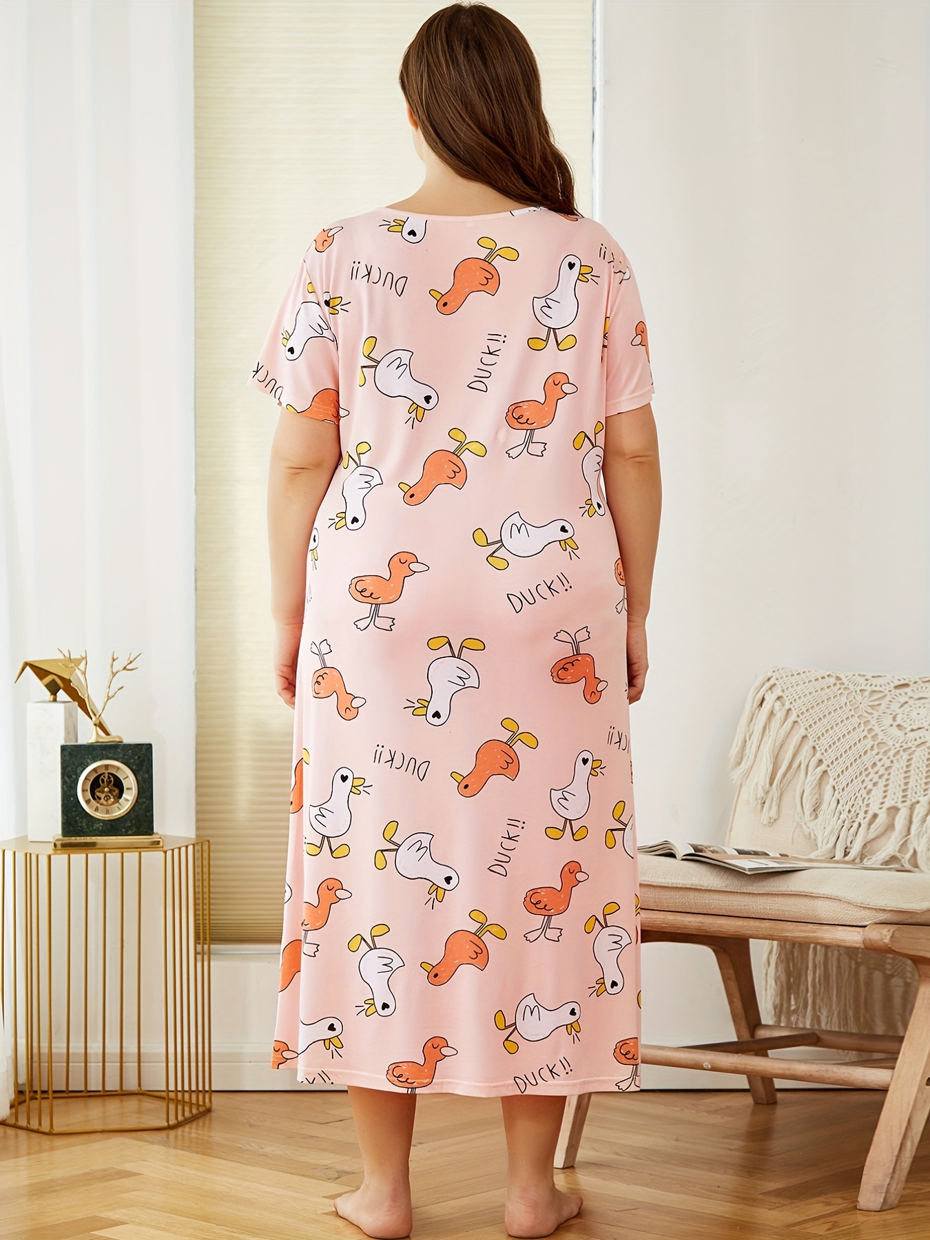 Duck Print Short Sleeve Round Neck Sleep Dress