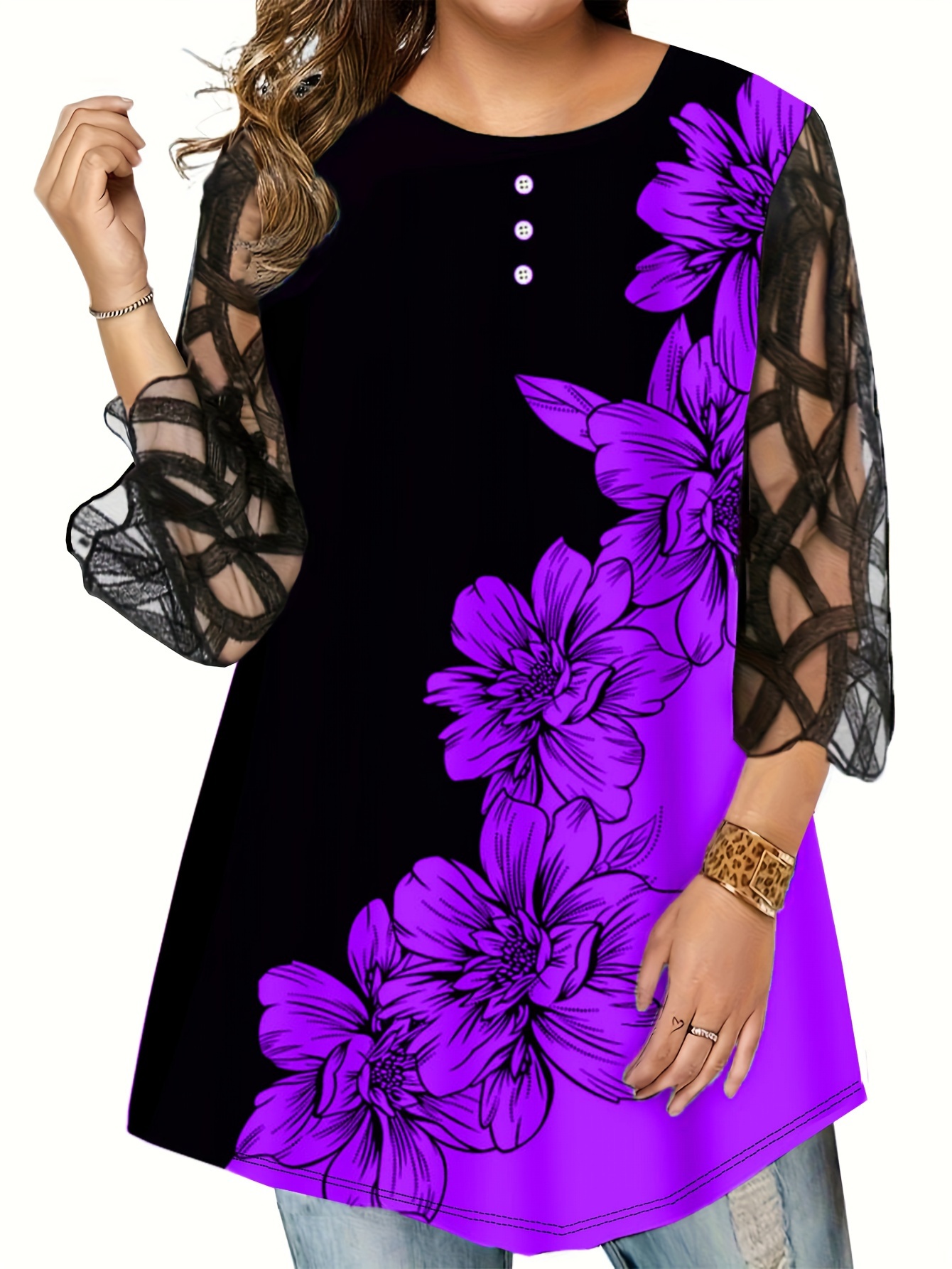 Plus Size Floral Print Velvet Sleeve Semi Sheer Long T-shirt