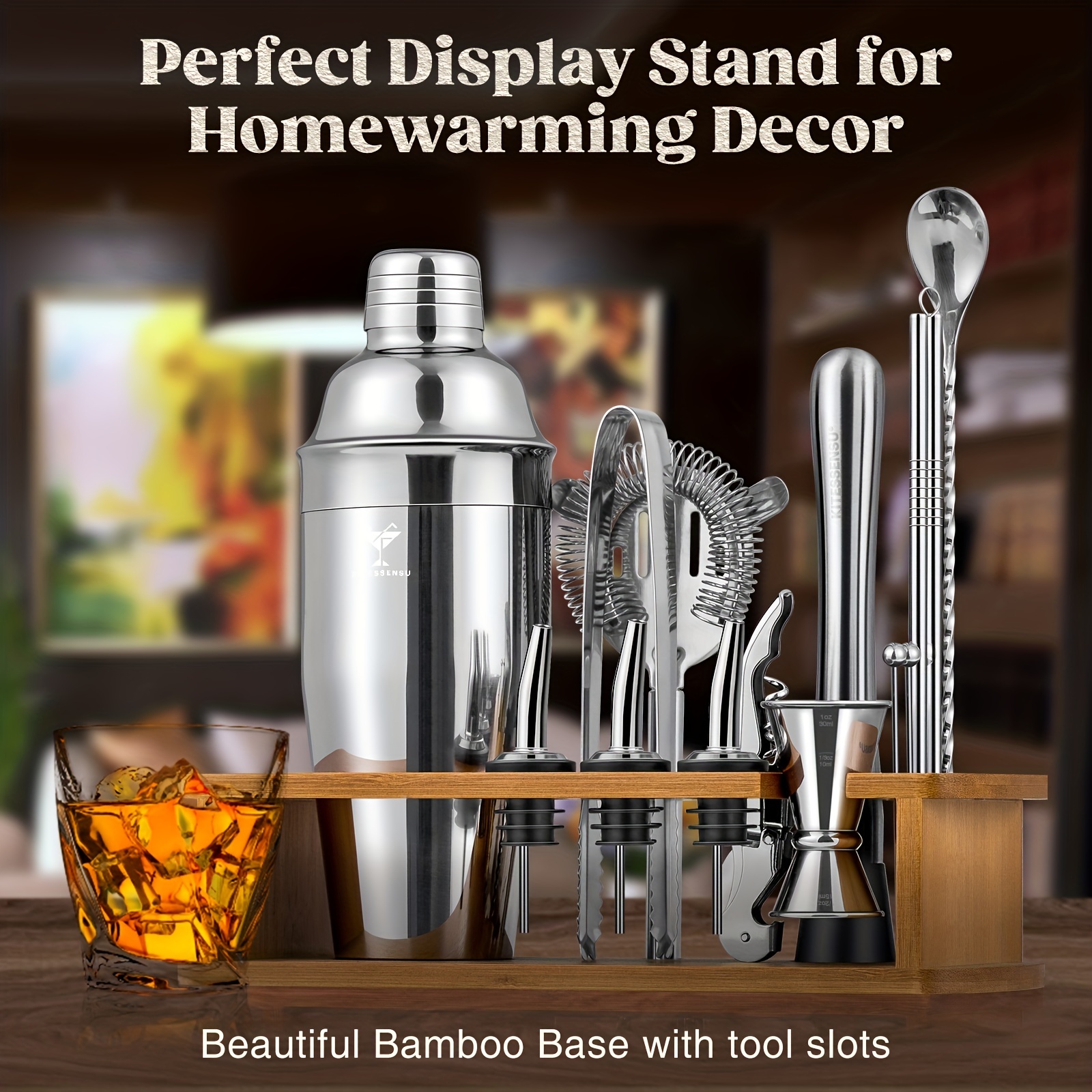 KITESSENSU Bartender Kit, 15-Piece Cocktail Shaker Set with Bamboo