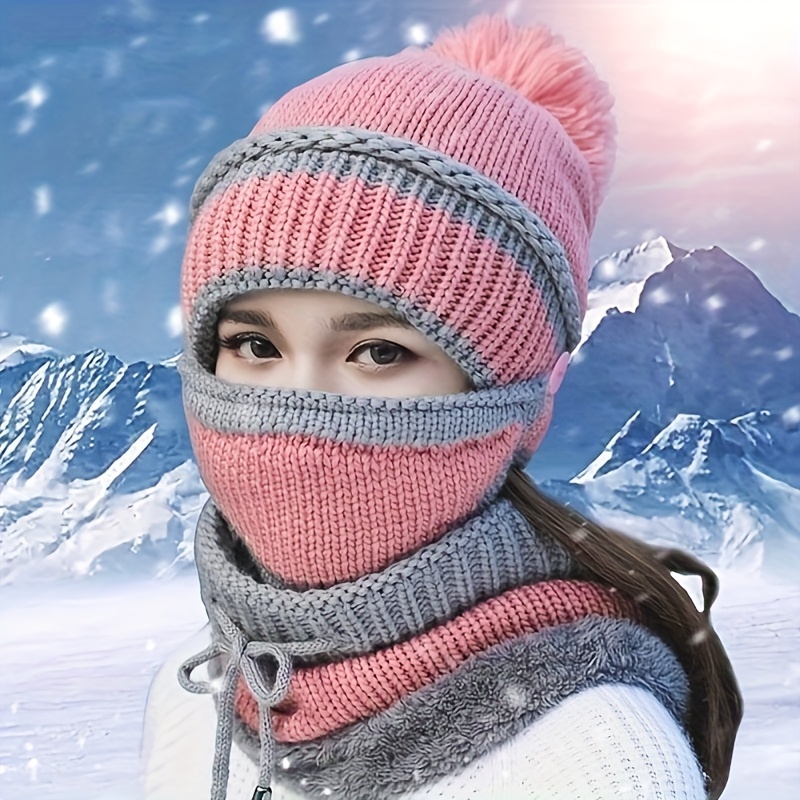 Bonnet Tricoté Femme Chapeau Écharpe de Ski Hiver Rose