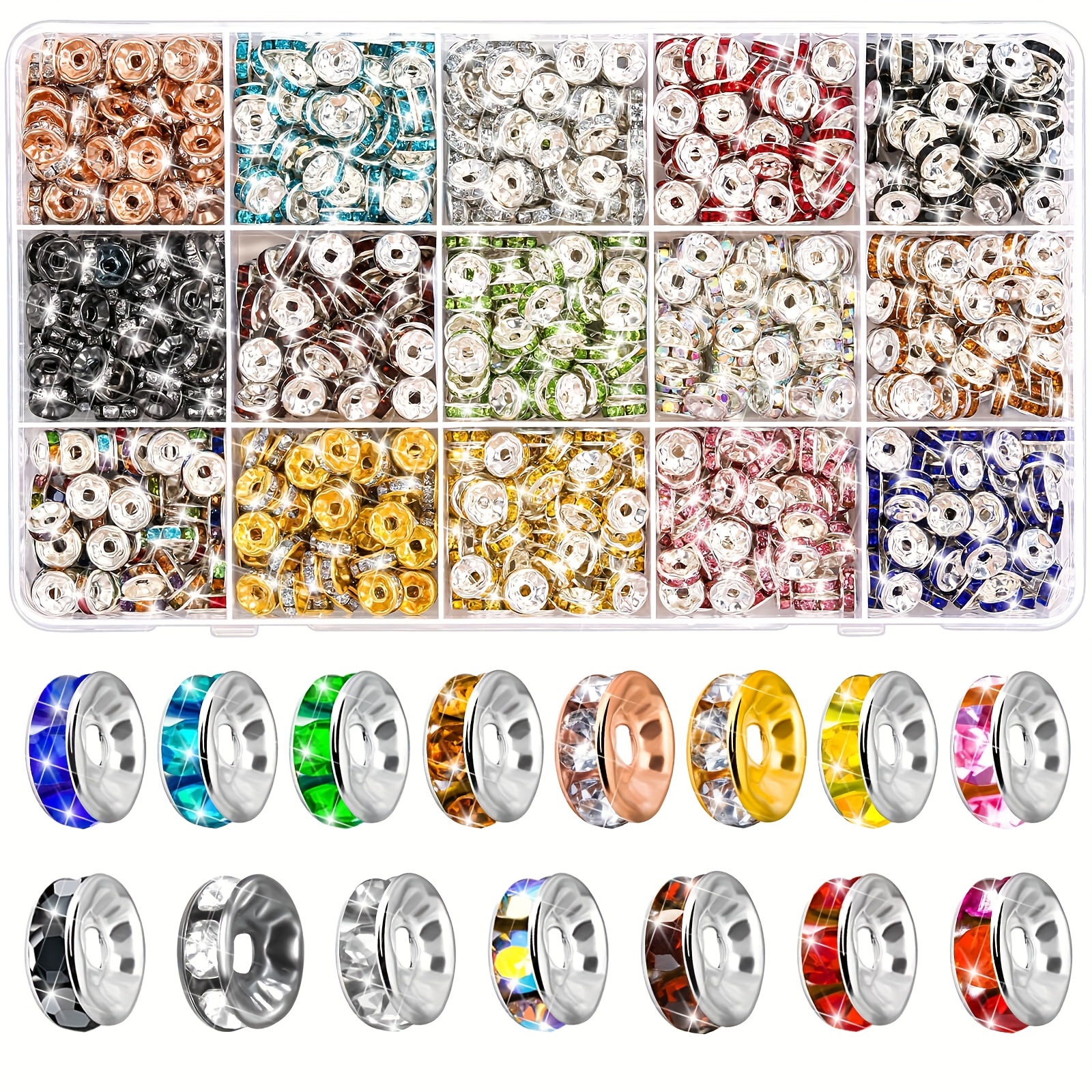 

Lot de 900 perles intercalaires rondes pour la fabrication de bijoux, perles intercalaires en strass de 8 mm, perles intercalaires en cristal pour bracelets, 15 couleurs, cadeau de Pâques