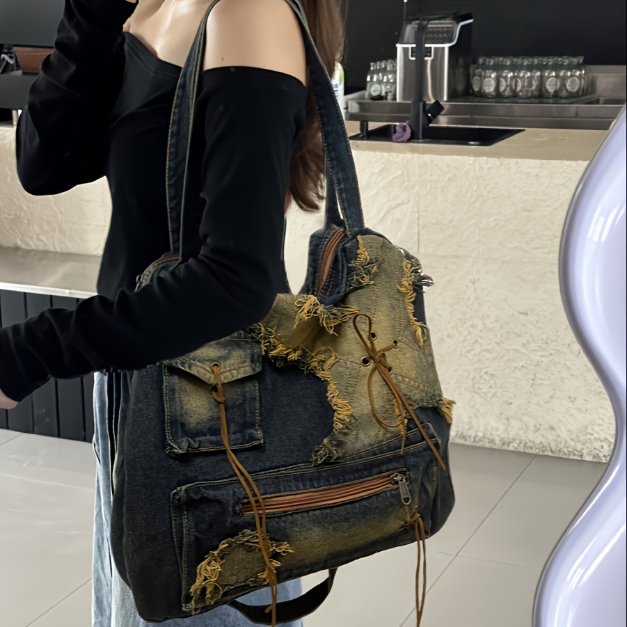 

Trendy Denim Distressed Bag, Large Capacity Shoulder Bag, Perfect Underarm Bag For Daily Use