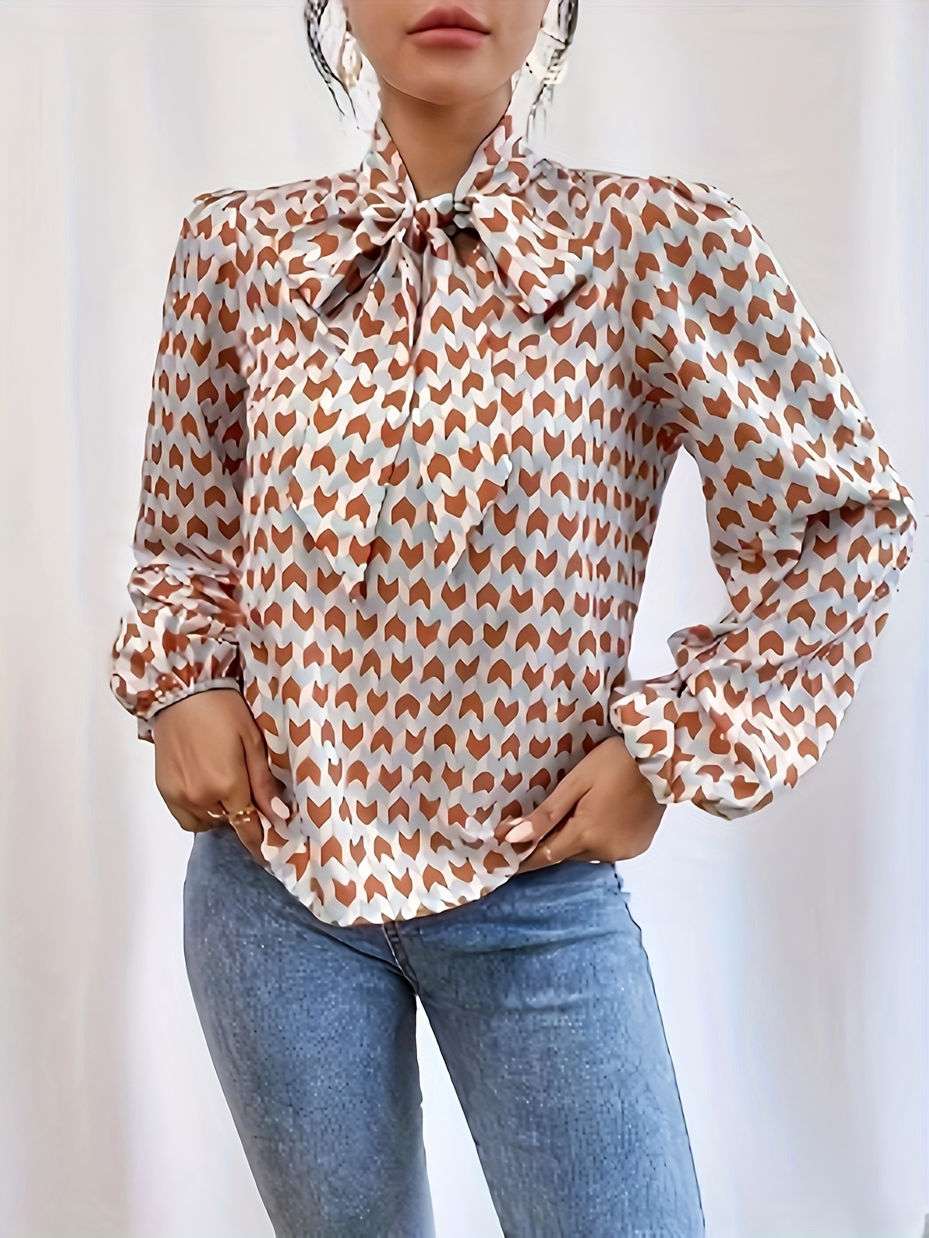 Lantern Sleeve Tie Neck Blouse