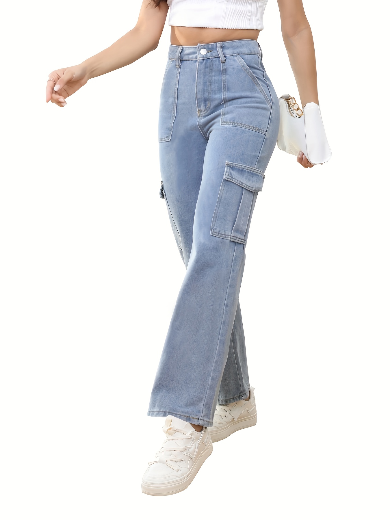 Flap Cargo Pockets High Waist Denim Pants, High * Medium Blue Straight Leg  Jeans, Casual & Trendy, Women's Denim Jeans & Clothing
