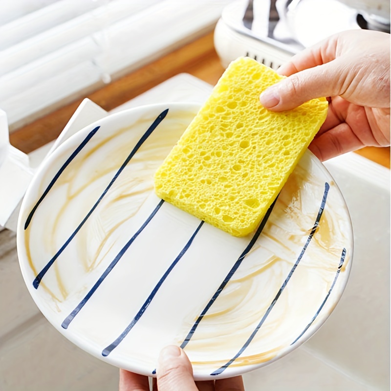 1pc Natural Wood Pulp Sponge Block, 1pc Yellow Dish Scrubber Sponge