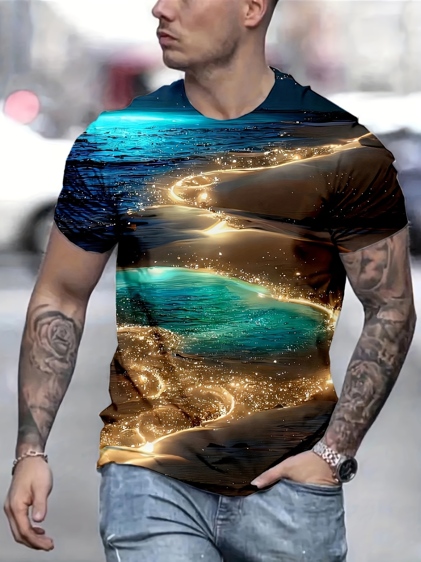 - Kreativ Coast Beach Outdoor Graphic T-shirt, Herren Venice Germany Herren Golden Tee Top, Rundhalsausschnitt Kurzarm Sommer Leicht Für Print Temu Stretch - Männerkleidung Casual