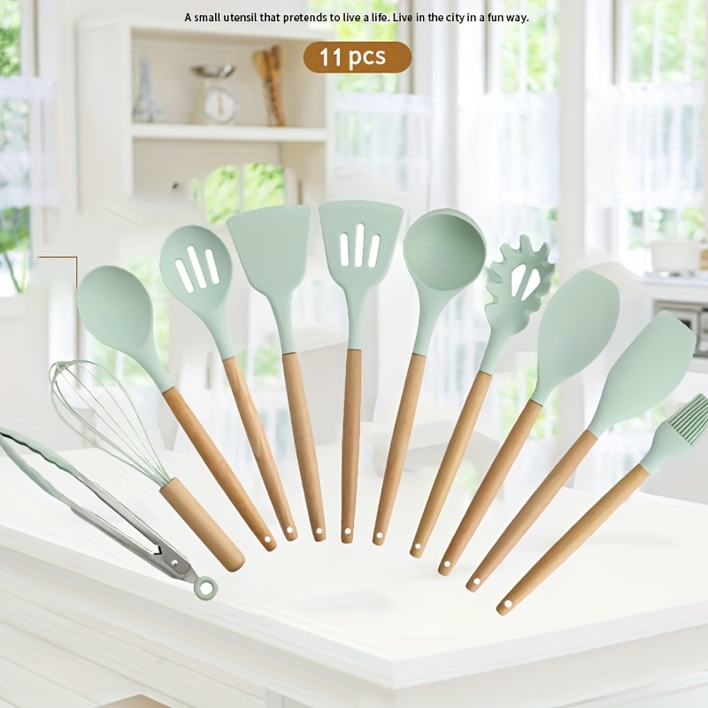 1Pcs Mint Green Silicone Cooking Utensils Set Non-Stick Spatula Shovel  Wooden Handle Cooking Tools Set Kitchen Tool Accessories