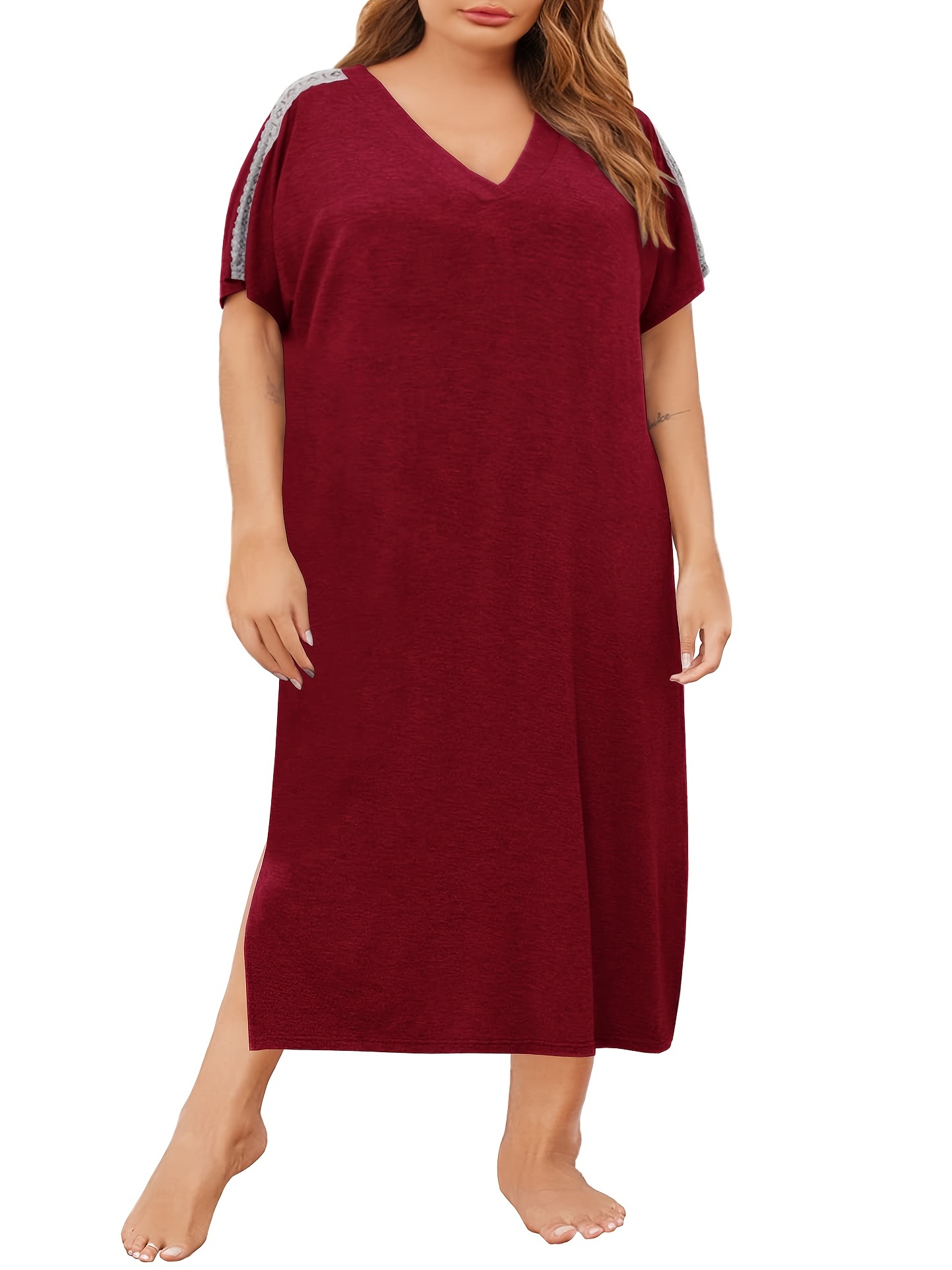 Plus Size Sexy Nightgown, Women's Plus Contrast Lace Trim Long Sleeve Semi  Sheer Loungewear Robe