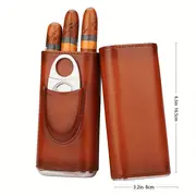 premium 3 finger brown leather cigar case with cedar wood lined humidor silvery stainless steel cutter details 2