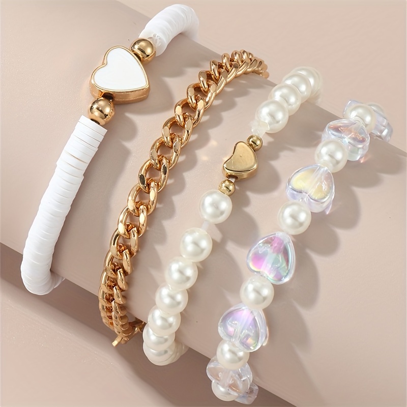 4pcs Heart & Faux Pearl Decor Beaded Bracelet Women Bracelet Stackable  Bracelet
