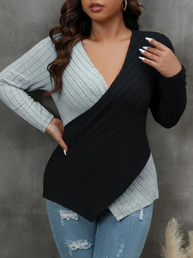 plus size casual sweater womens plus colorblock cross v neck long sleeve medium stretch jumper details 34