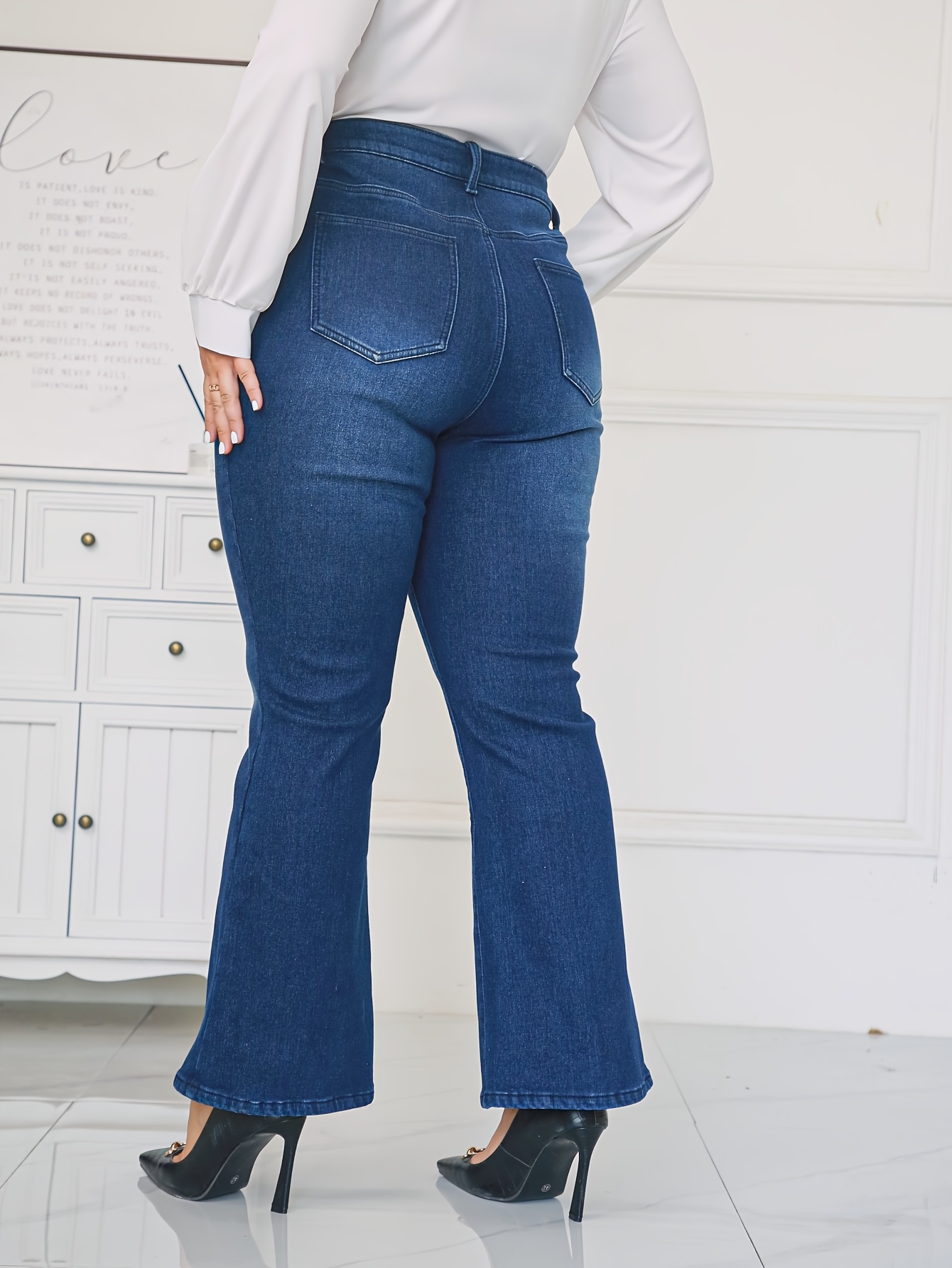 Medium Blue Bootcut High Waisted Denim Pants Stretchy Fleece-Lined