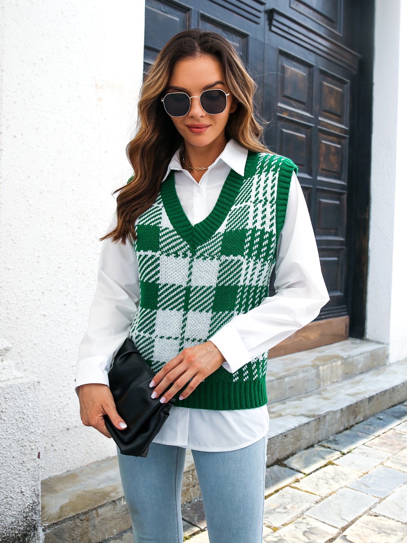 Women Sweater Vest Autumn V-neck Checkered Sleeveless Jumper