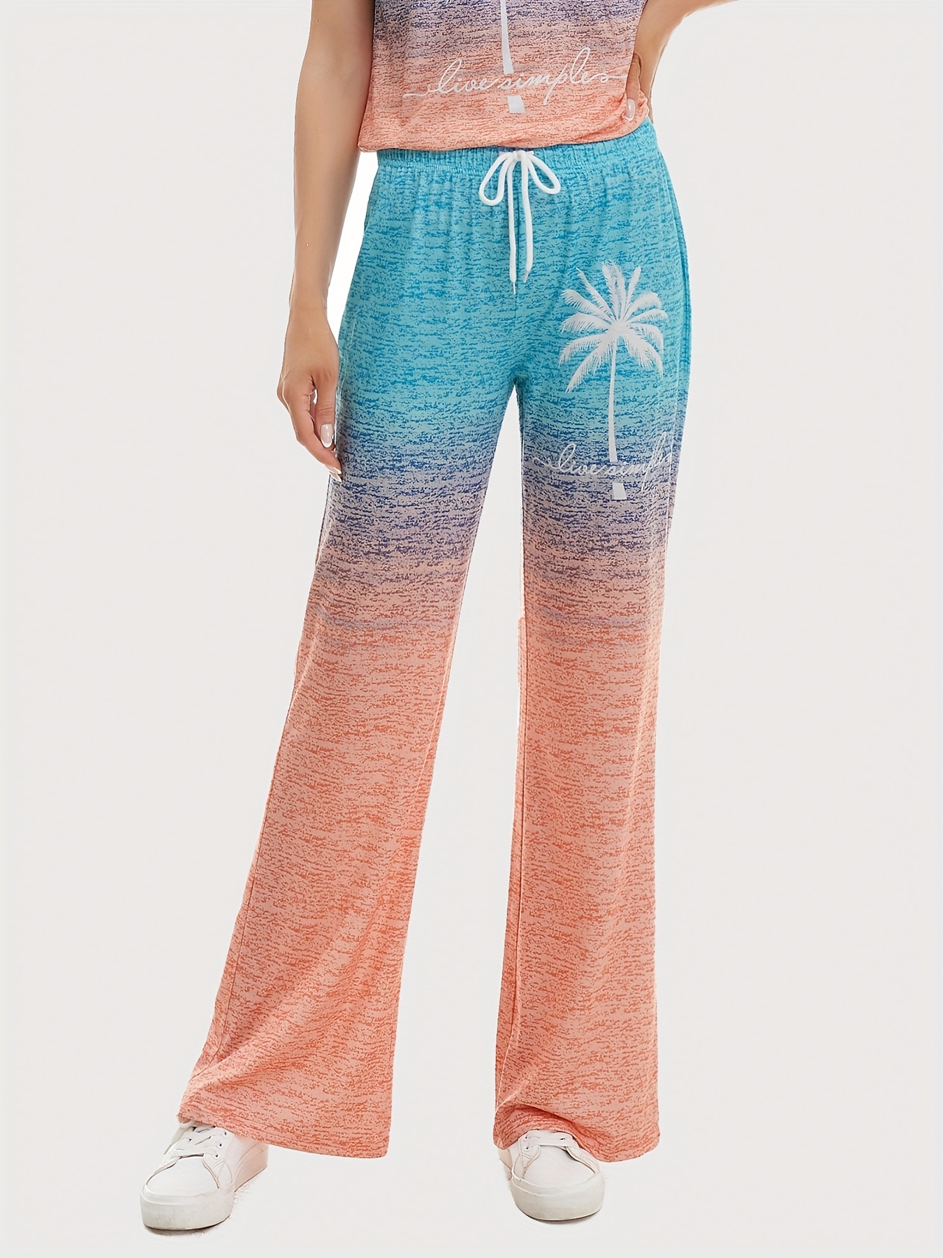 Tropical Print Ombre Comfy Pants Casual Drawstring Wide Leg - Temu
