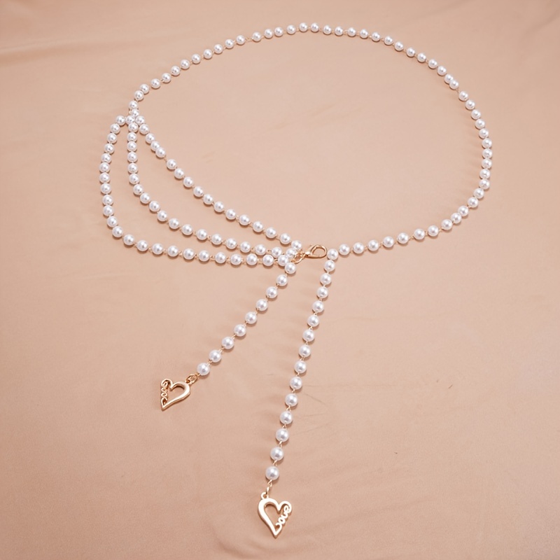Faux Pearl Waist Chain Belt Floral Decor Sweater Stiletto Belt