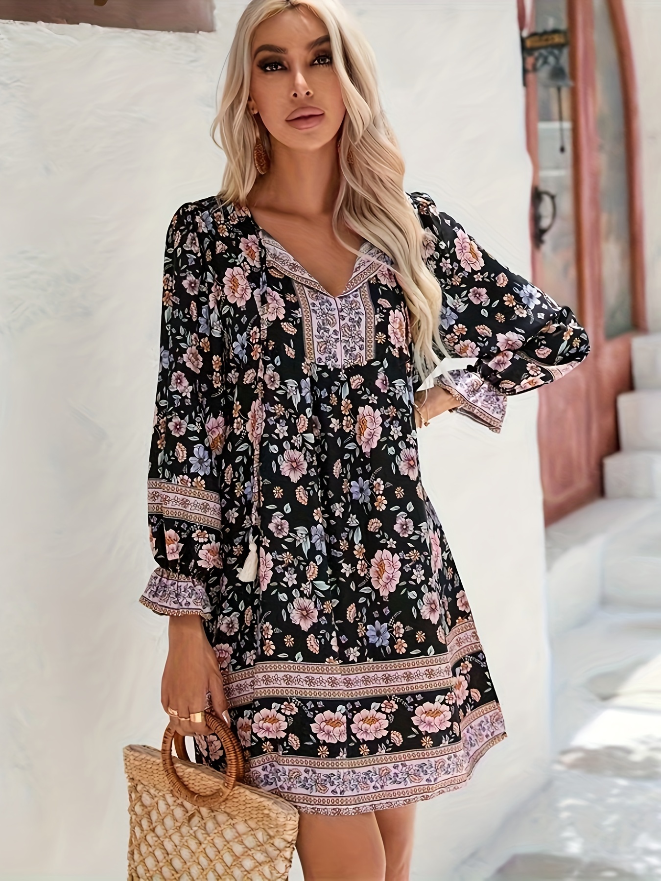 Floral Print Tassel Tie Dress Boho Vacation Style Long Sleeve Dress Women s Clothing