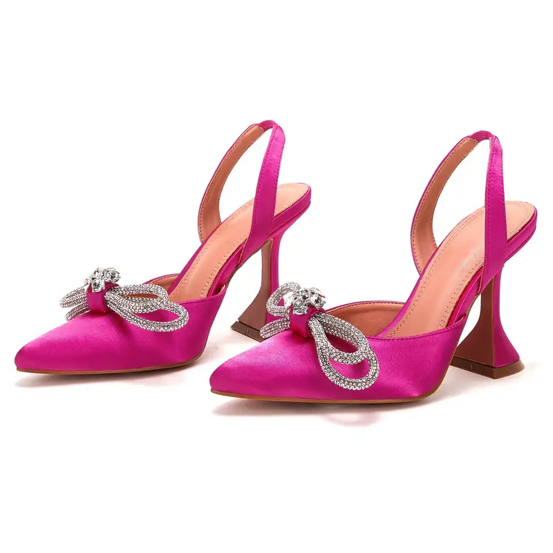 womens rhinestone bow high heels pointed toe slip on slingback pyramid heels fashion wedding dress pumps details 2