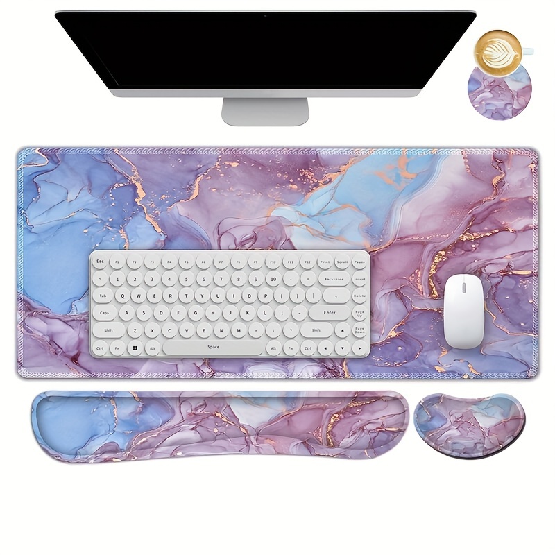 

4-in-1 Large 35.5*15.75 Inch Gaming Mouse Pad, Keyboard Wrist Rest Pad & Wrist Support Mousepad Set Extended Desk Pad Desk Mat For Home Office Study Game-purple Marble