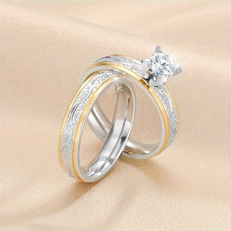 

2pcs Stainless Steel Fashion Inlaid Rhinestone Couple Rings, Trendy Party Holiday Couple Finger Ring