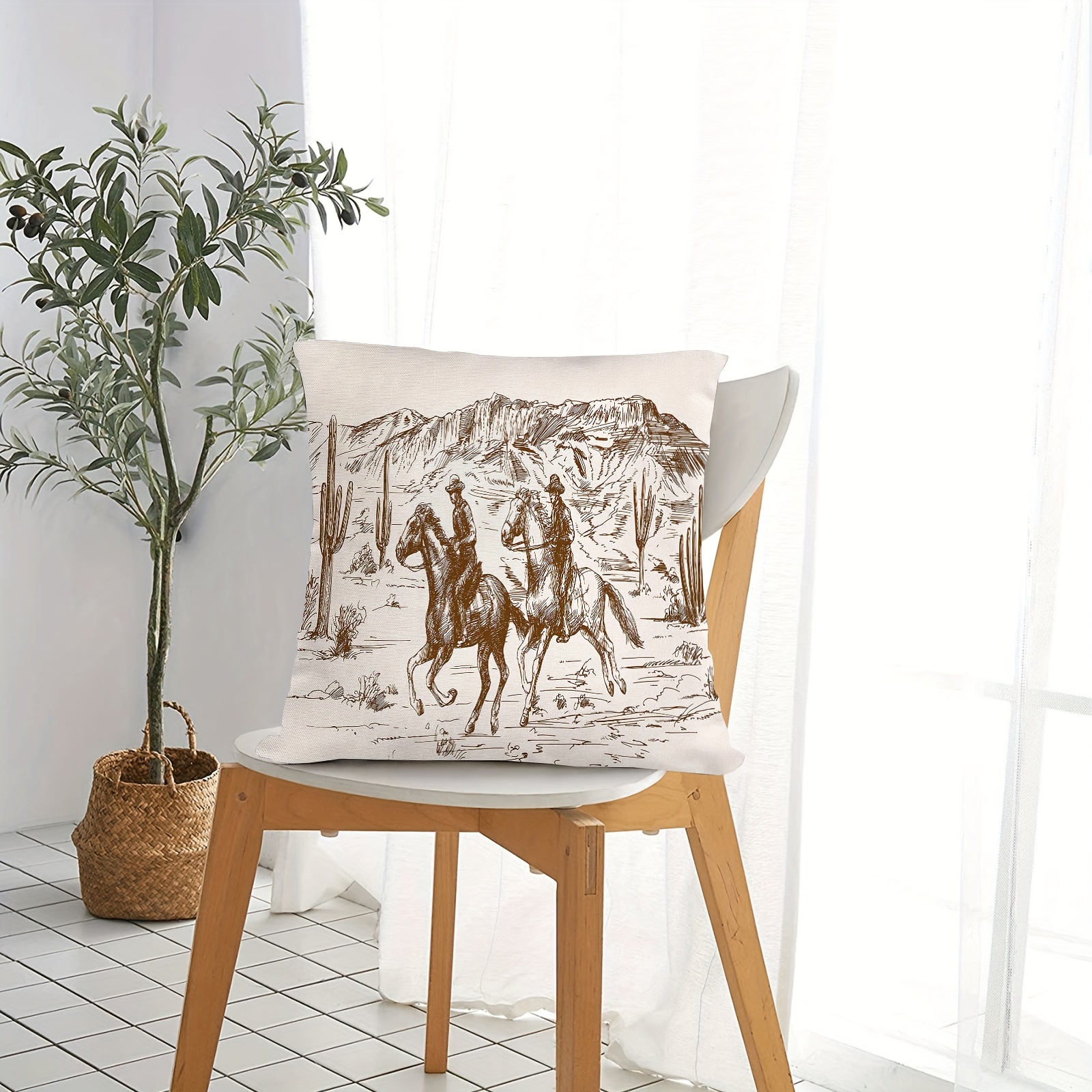 Horse Rodeo Pillow Cover Western Rodeo Horse with Cowboy Watercolor Art  Cushion Cover Throw Pillow Case Decoration American Retro Style