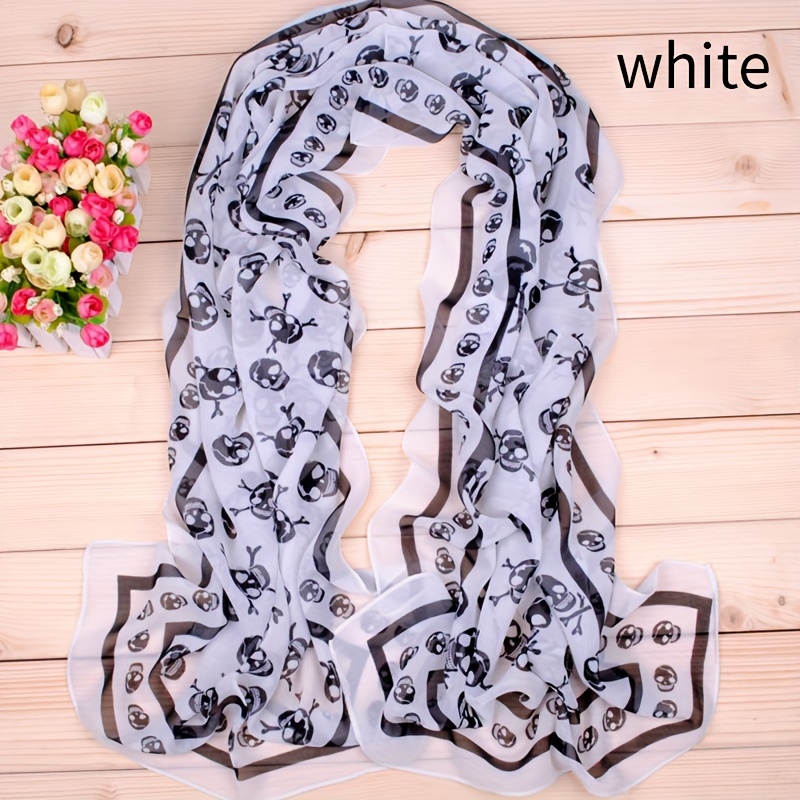 Halloween Skull Print Fashion Long Scarf, Lightweight Thin Scarf For Ladies  For Music Festival