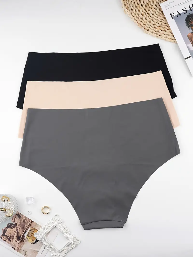 3 Pack Plus Size Solid Soft Seamless Underwear, Women's Plus Slight Stretch  Simple Panties Set
