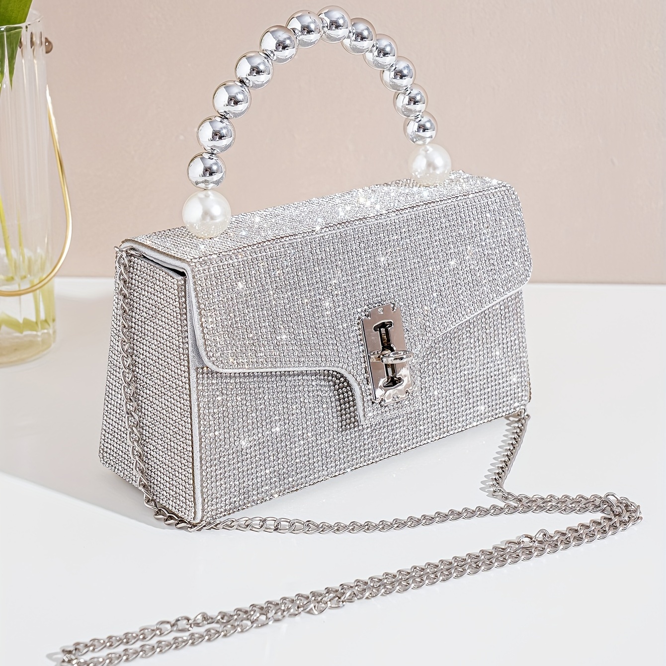 full rhinestone silver shoulder bag elegant crossbody chain bag classic evening bag for party and for music festival