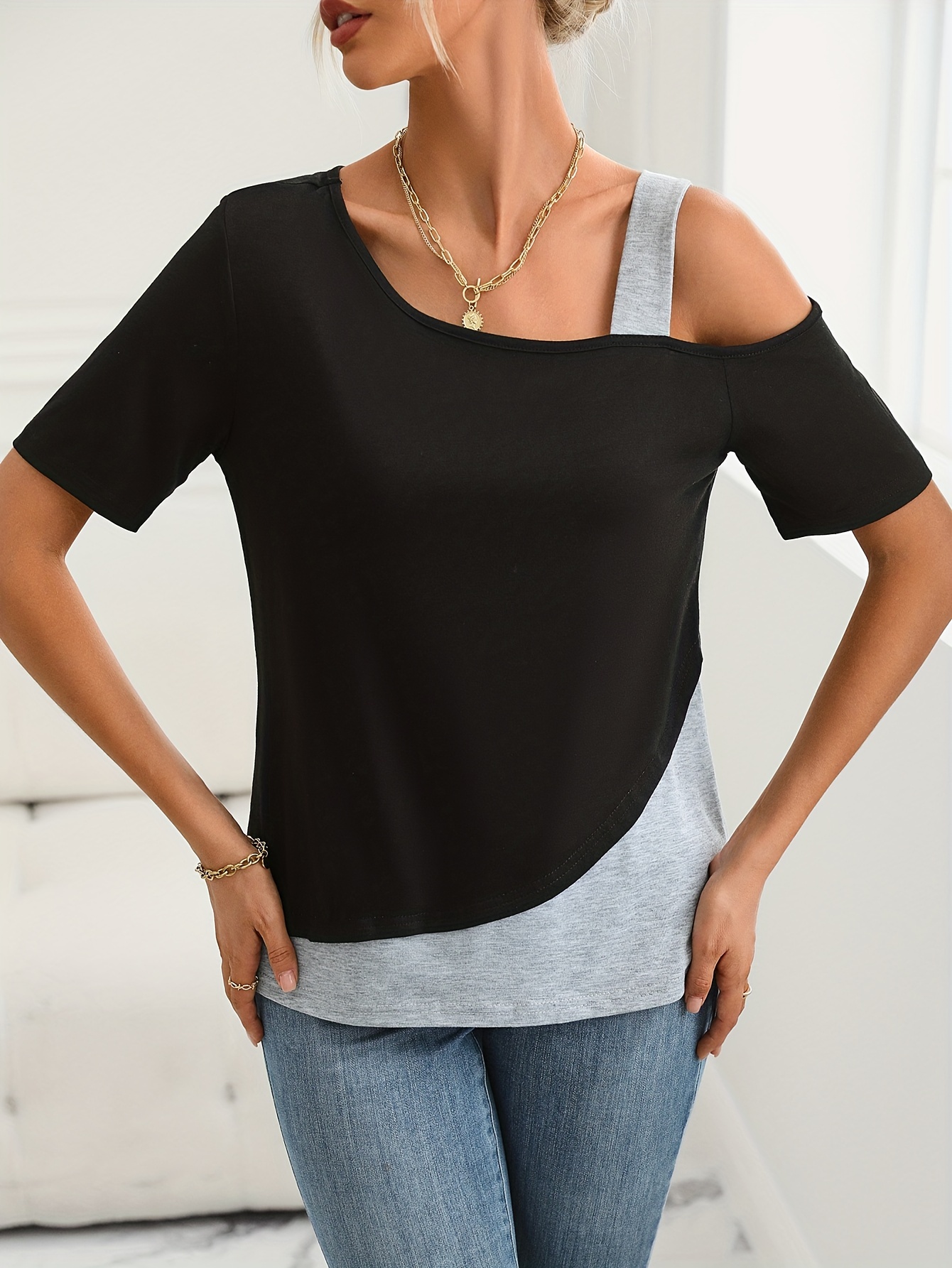 Women Button Ruched One Sided Cold Shoulder Blouse Tops T Shirts