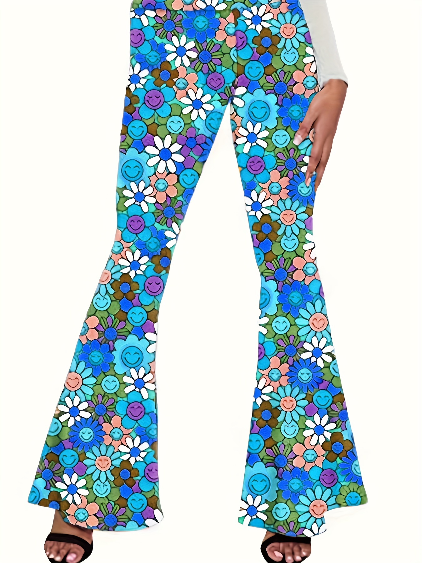 Floral Print High Waist Hippie Pants Casual Flare Leg Pants - Temu United  Kingdom