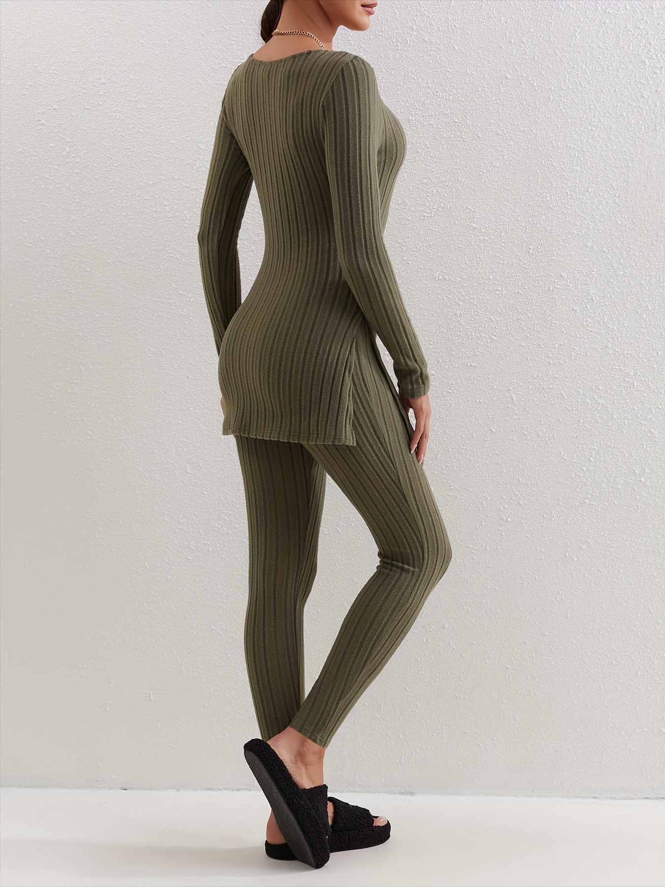 Ribbed Two piece Set Long Sleeve Side Split Top & Pants Outfits