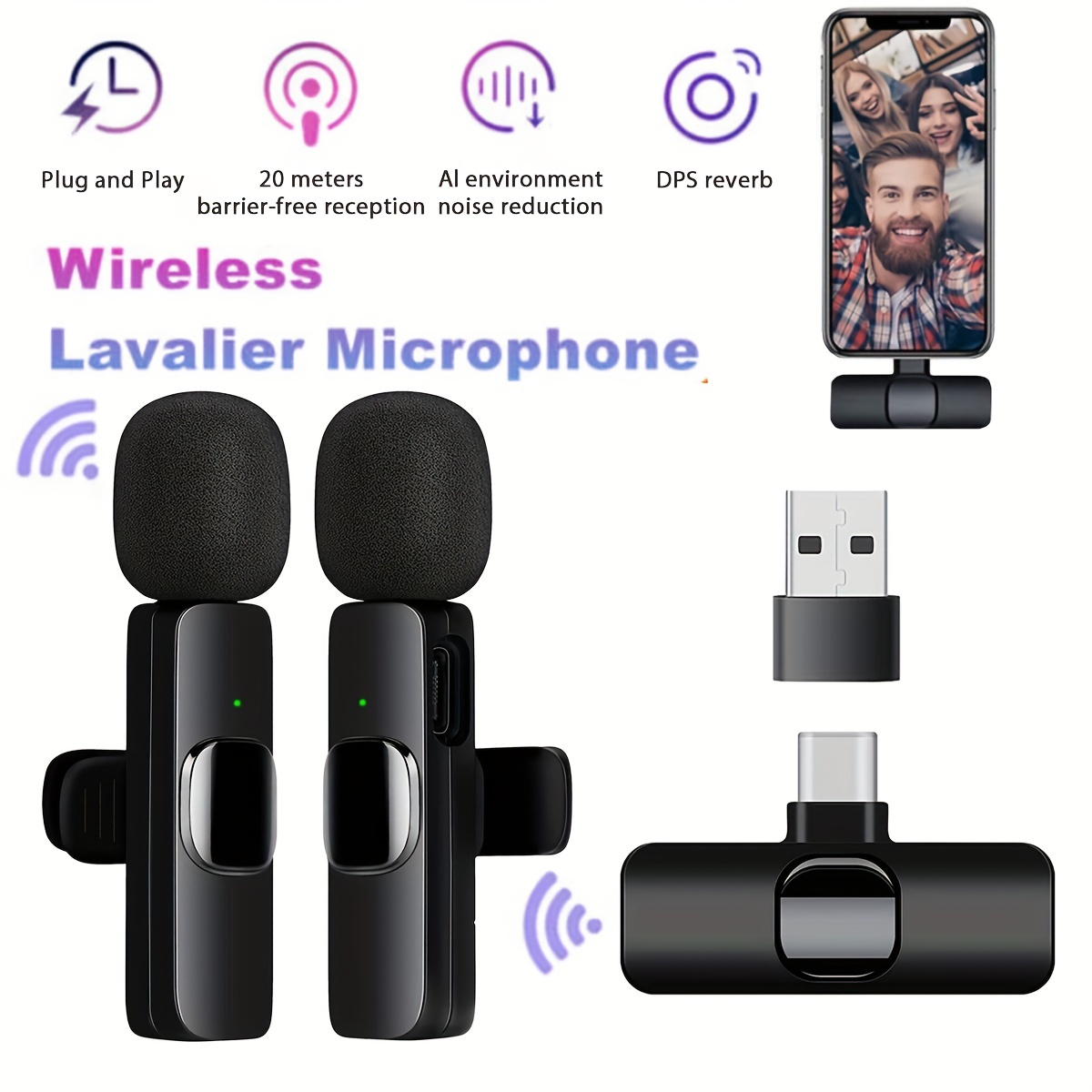 Microphone Lavalier Sans Fil Pour Iphone-android - 2.4g Double