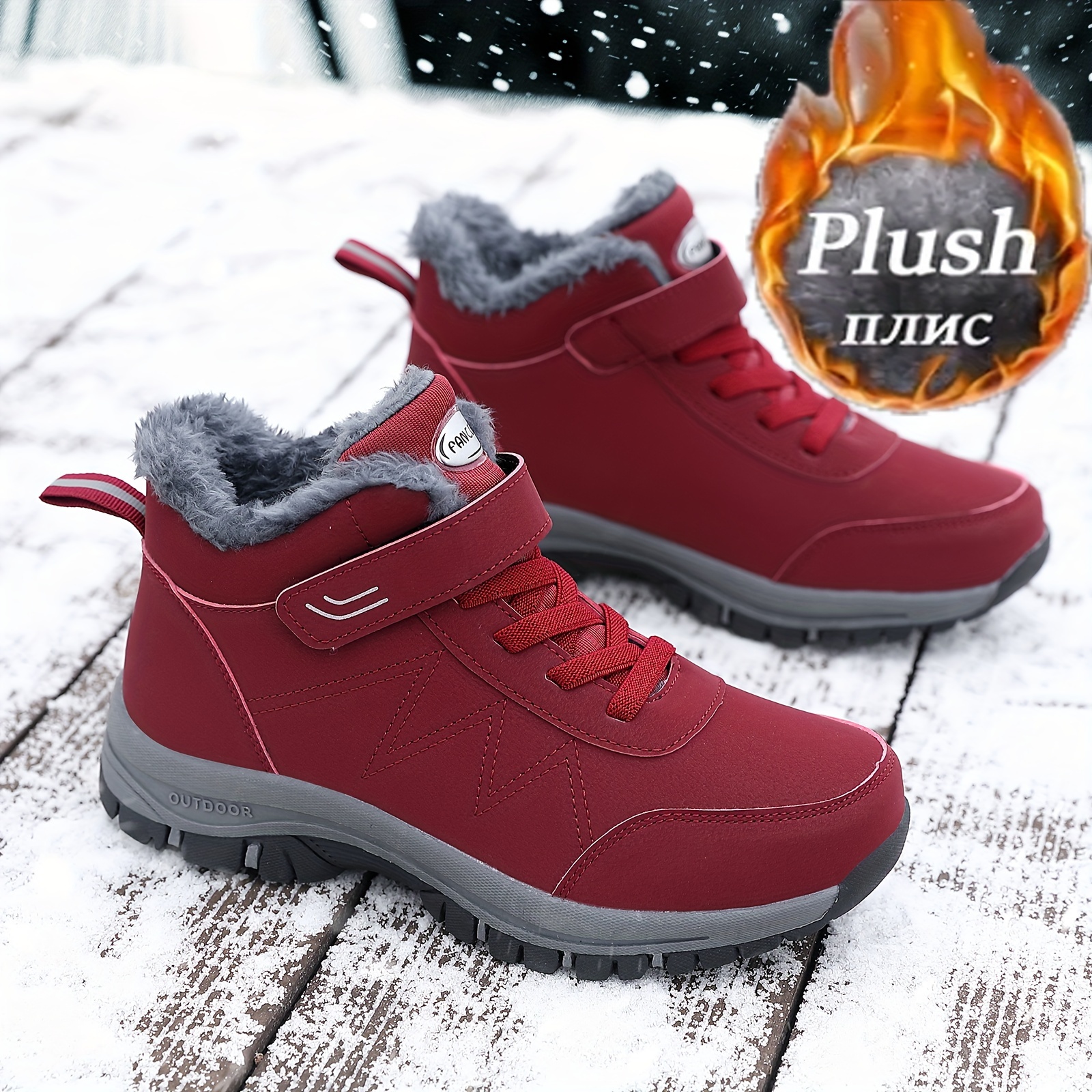 Hook And Loop Ankle Snow Boots, Thermal Insulated Waterproof Lace Up Shoes,  Women's Outdoor Shoes