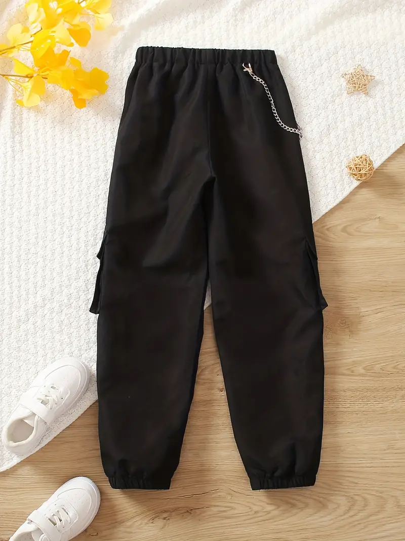 Girls Fashionable Chain Side Cargo Pants Pocket Solid Jogger