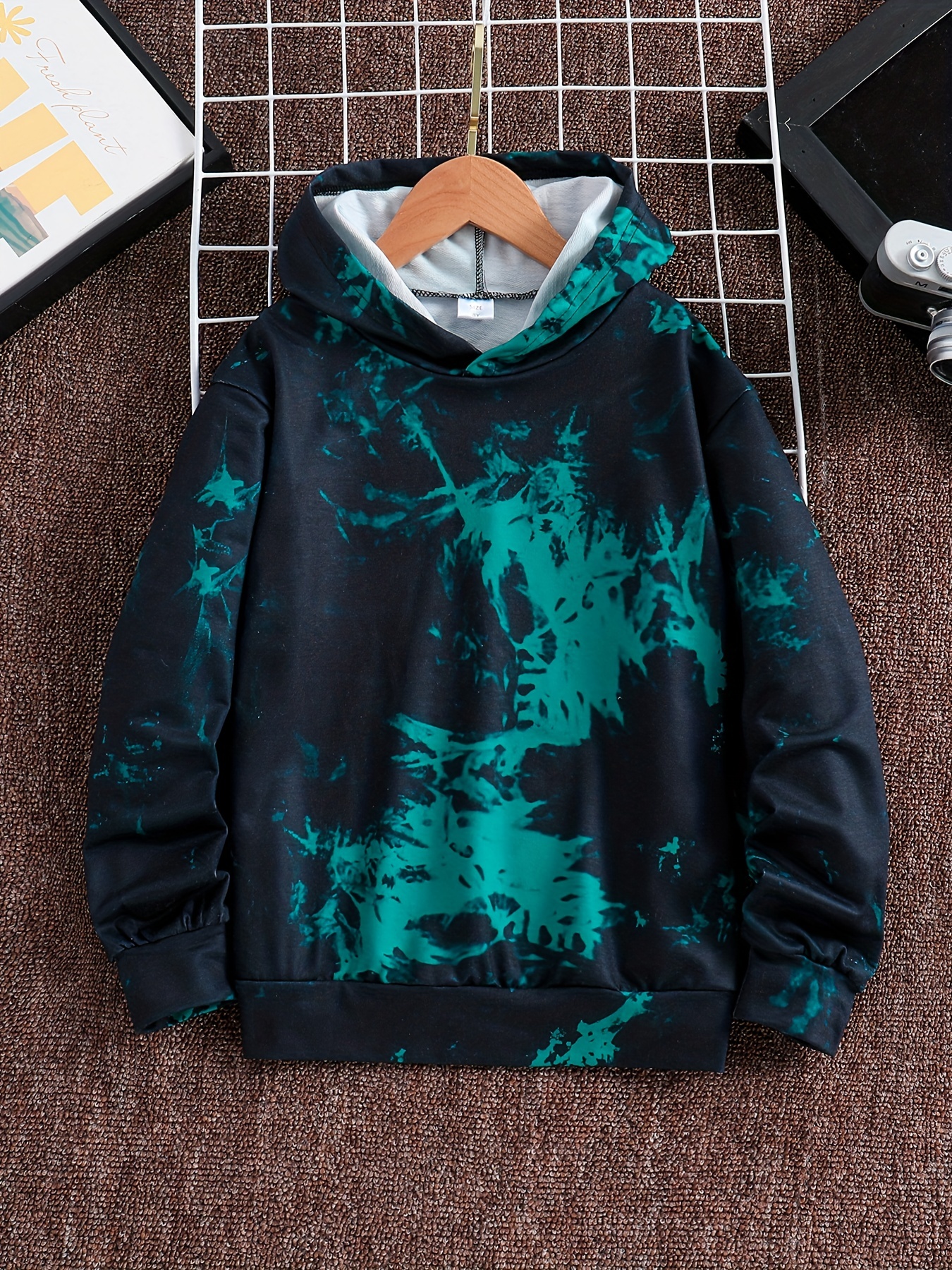 Tie Dye And Smile Face Print Boys Casual Pullover Hooded Long Sleeve Sweatshirt For Spring Fall Kids Clothing