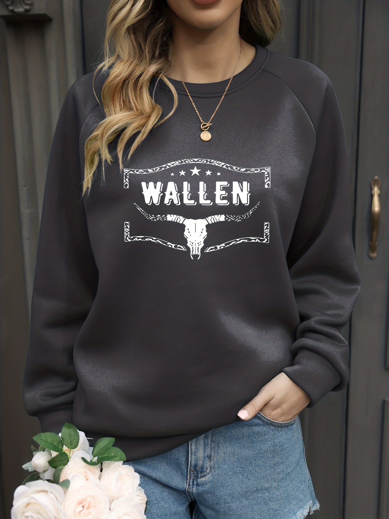 Cow Skull & Cowboy Print Pullover Sweatshirt, Casual Long Sleeve Crew Neck  Sweatshirt, Women's Clothing - Temu