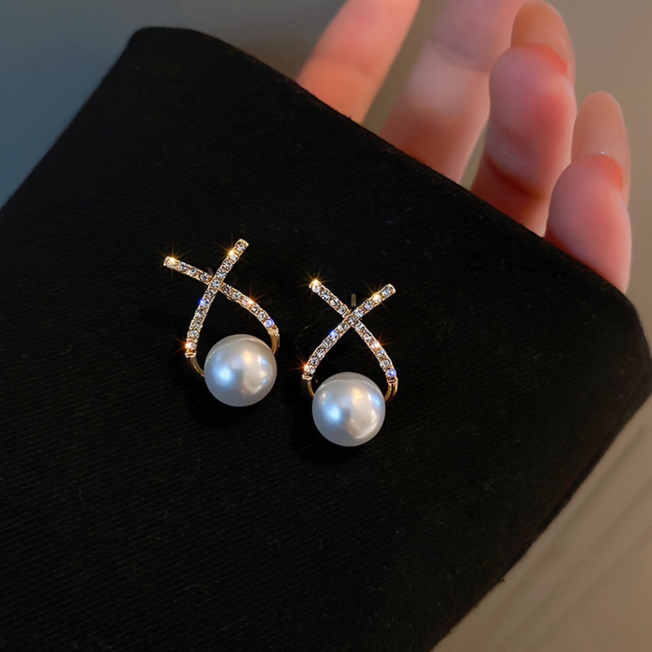 line cross shaped stud earrings embellished with imitation pearl elegant simple style zinc alloy jewelry gifts for women girls 4