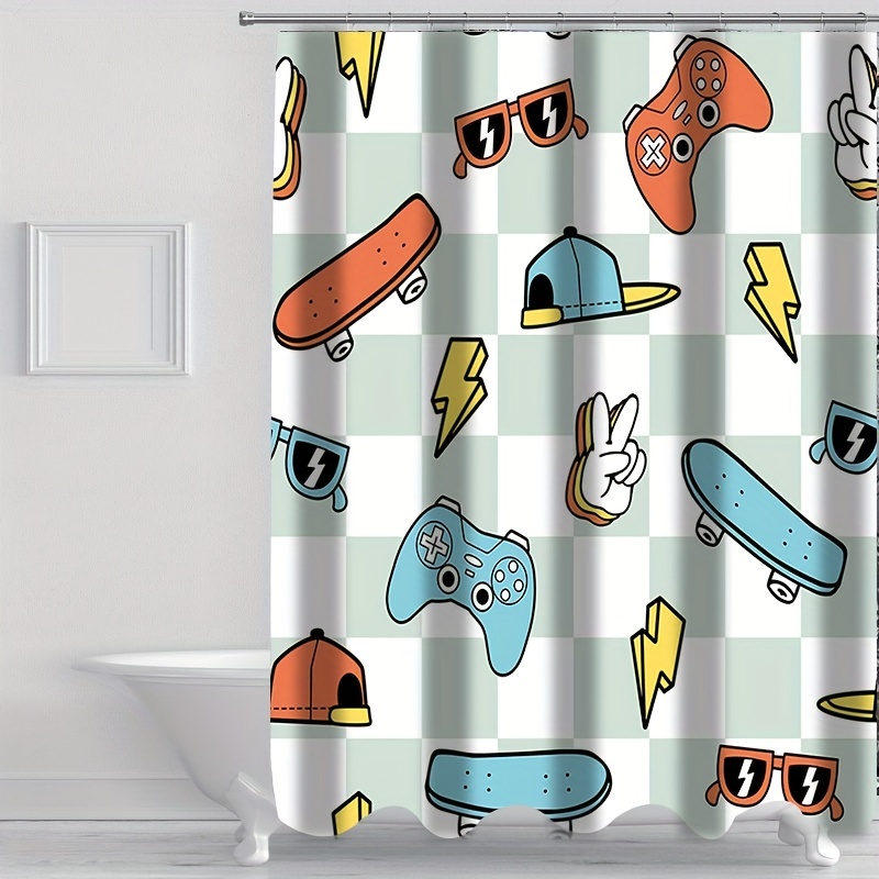 Cartoon Game Controller Pattern Bathroom Sets Rugs Shower Curtain,  Waterproof Shower Curtain With 12 Hooks, Non-slip Bathroom Rug, Toilet  U-shape Mat, Toilet Lid Cover Pad, Bathroom Decor - Temu