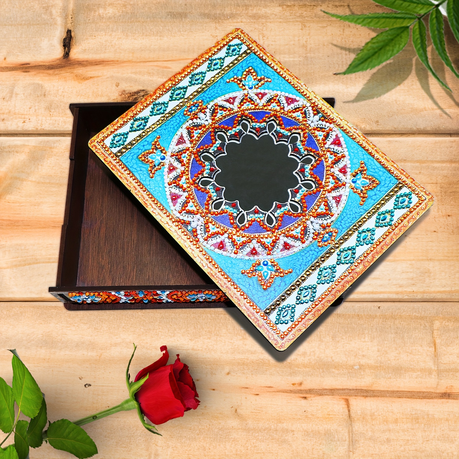 DIY Diamond Painting Kit with Mirror, Blue Mandala Wooden Storage Box