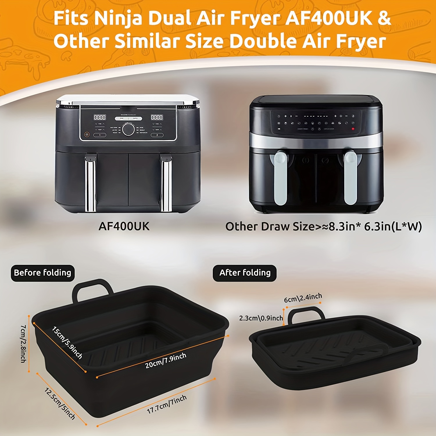 2pcs Forros de silicona para freidora de aire Ninja Foodi AF300UK, AF400UK,  2Pcs Accesorios de freidora de aire de doble zona Ninja Foodi, Forro de
