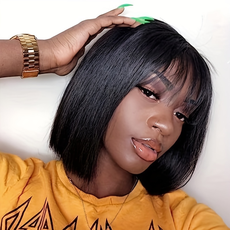 180 density straight bob wig with bangs for women natural human hair lace front wig with machine made construction details 4